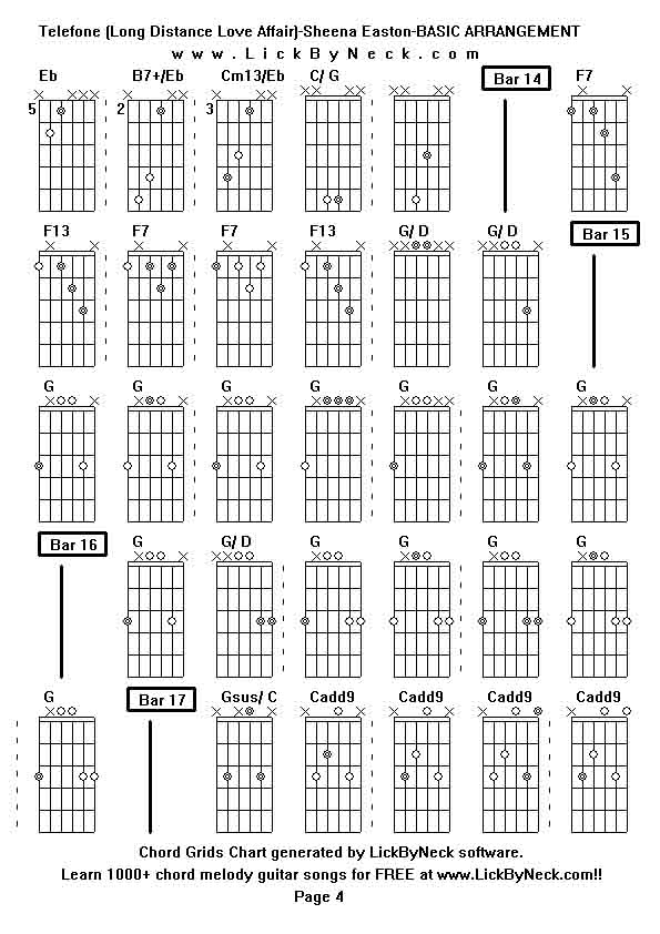 Chord Grids Chart of chord melody fingerstyle guitar song-Telefone (Long Distance Love Affair)-Sheena Easton-BASIC ARRANGEMENT,generated by LickByNeck software.